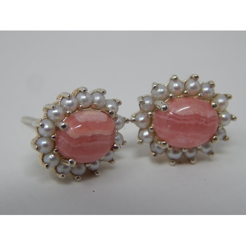 282 - Pair of Rhodochrosite & Seed Pearl Earrings Set in Silver with Butterfly Backs.