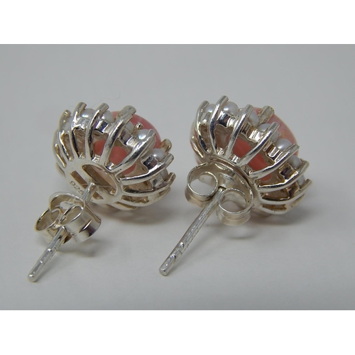 282 - Pair of Rhodochrosite & Seed Pearl Earrings Set in Silver with Butterfly Backs.