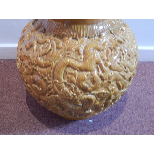 668 - Large Chinese Dark Yellow Double Gourd Vase Depicting Dragons: Height 63cm