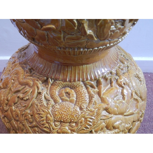 668 - Large Chinese Dark Yellow Double Gourd Vase Depicting Dragons: Height 63cm