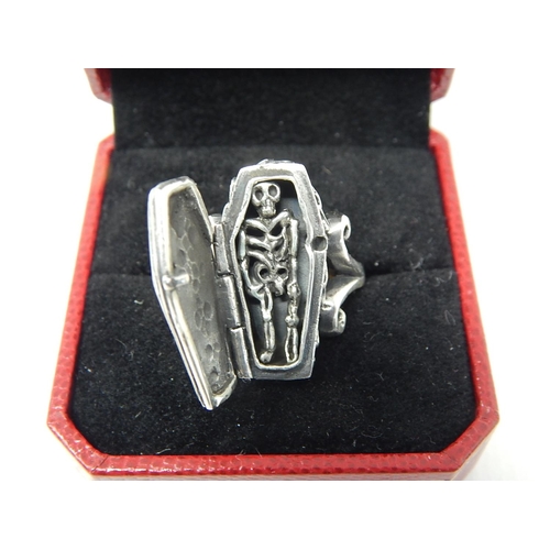 283 - Silver Coffin Ring: The Coffin Opening to reveal a Skeleton: Ring Size U.