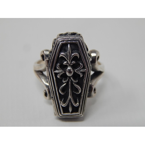 283 - Silver Coffin Ring: The Coffin Opening to reveal a Skeleton: Ring Size U.