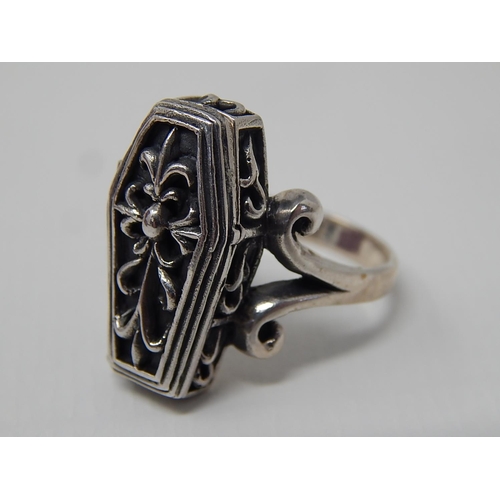 283 - Silver Coffin Ring: The Coffin Opening to reveal a Skeleton: Ring Size U.