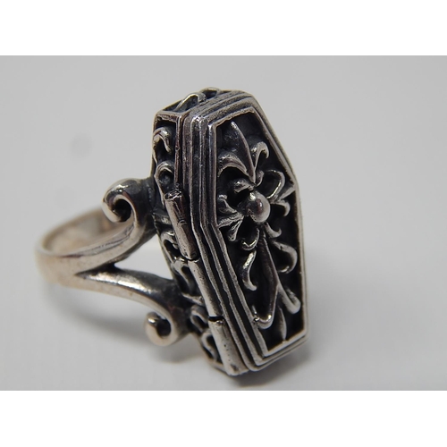 283 - Silver Coffin Ring: The Coffin Opening to reveal a Skeleton: Ring Size U.