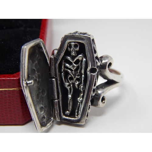 283 - Silver Coffin Ring: The Coffin Opening to reveal a Skeleton: Ring Size U.