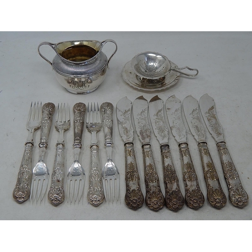 300 - Set of 6 Kings pattern Silver Plated Fish Knives & Forks together with a bowl & Tea Strainer.