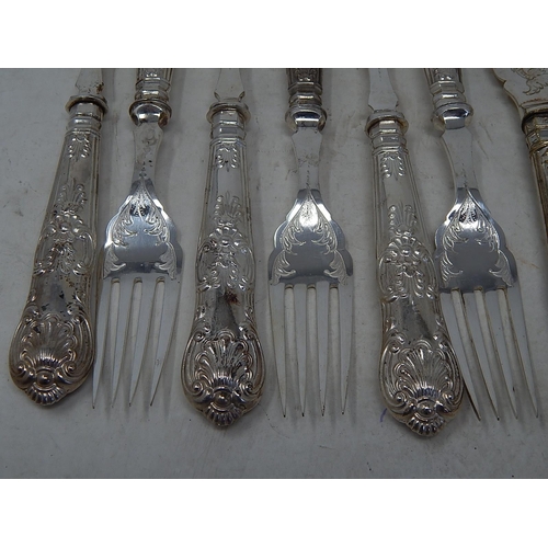 300 - Set of 6 Kings pattern Silver Plated Fish Knives & Forks together with a bowl & Tea Strainer.