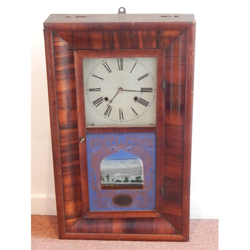 Late C19th American 30 Hour Clock with Painted Glass Panel Door: Measures 67cm x 39cm