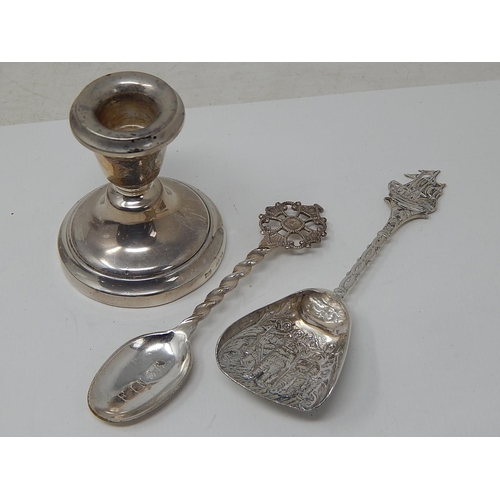 Two Continental Silver Spoons Together with a Small Silver Candlestick by Broadway & Co.