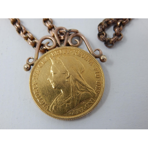 10 - Victorian Full Gold Sovereign 1899 with Attached Loop on 9ct Gold Fob Chain with T-Bar & Clips: Gros... 