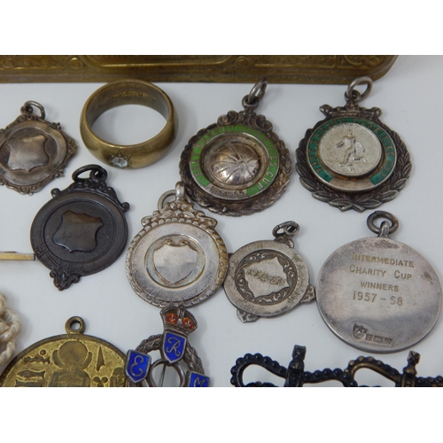 15 - WWI Queen Mary Christmas Tin 1914 Containing a Quantity of Hallmarked Silver Fobs, Military Badges e... 
