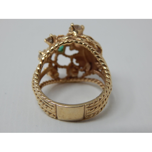 2 - 18ct Unmarked Gold Ring Inset with 5 Diamonds & Central Emerald: Ring Size O: Weight 10.2g