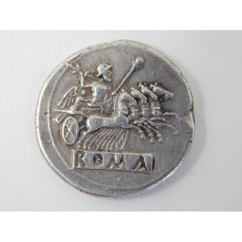 23 - Circa 225-212 BC. AR Didrachm – Quadrigatus (24mm, 6.69 g). Rome mint. Laureate head of Janus, curve... 