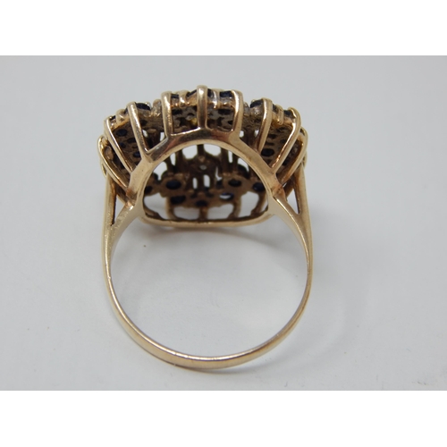 26 - 9ct Yellow Gold Flower Head Ring Inset with Bands of Diamonds & Sapphires: Ring Size R