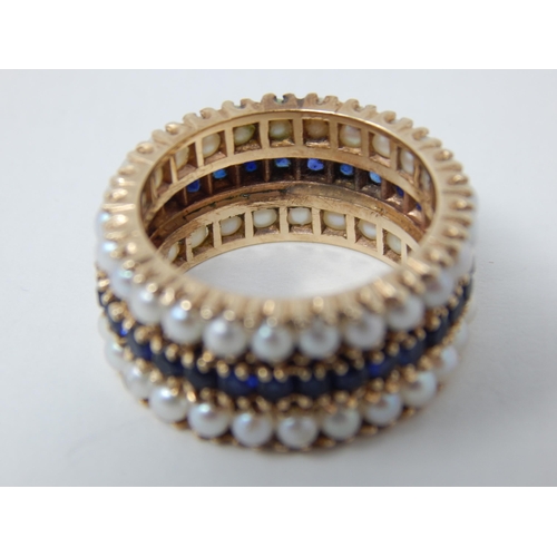 28 - 18ct Gold Eternity Ring Set with a Central Band of Sapphires Bordered with Bands of Pearls: Ring Siz... 