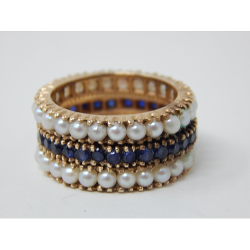28 - 18ct Gold Eternity Ring Set with a Central Band of Sapphires Bordered with Bands of Pearls: Ring Siz... 