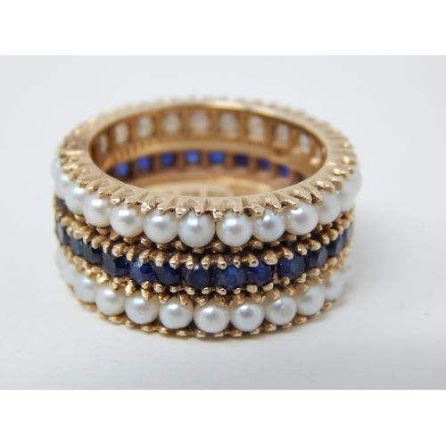 28 - 18ct Gold Eternity Ring Set with a Central Band of Sapphires Bordered with Bands of Pearls: Ring Siz... 