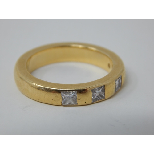 29 - Heavy 18ct Yellow Gold Ring Inset with Three Good Diamonds estimated @ 0.75cts: Ring Size M: Weight ... 
