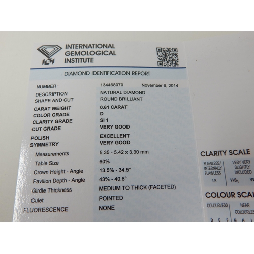 30 - Platinum & Diamond Solitaire Ring Set with a 0.61ct Diamond: Colour 