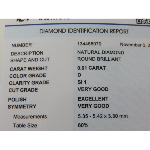 30 - Platinum & Diamond Solitaire Ring Set with a 0.61ct Diamond: Colour 