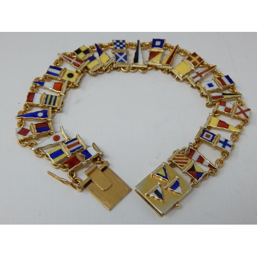 35 - 9ct Gold Bracelet with Enamel Nautical Flags by Benzies of Cowes in Original Fitted Case: Length 21c... 