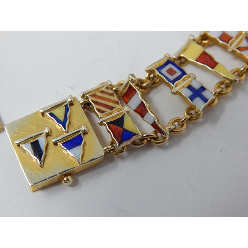 35 - 9ct Gold Bracelet with Enamel Nautical Flags by Benzies of Cowes in Original Fitted Case: Length 21c... 