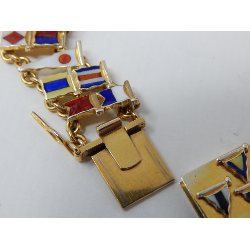 35 - 9ct Gold Bracelet with Enamel Nautical Flags by Benzies of Cowes in Original Fitted Case: Length 21c... 