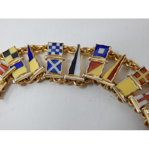 35 - 9ct Gold Bracelet with Enamel Nautical Flags by Benzies of Cowes in Original Fitted Case: Length 21c... 