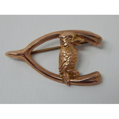 6 - 9ct Yellow Gold Brooch Formed as a Wishbone with Kookaburra.