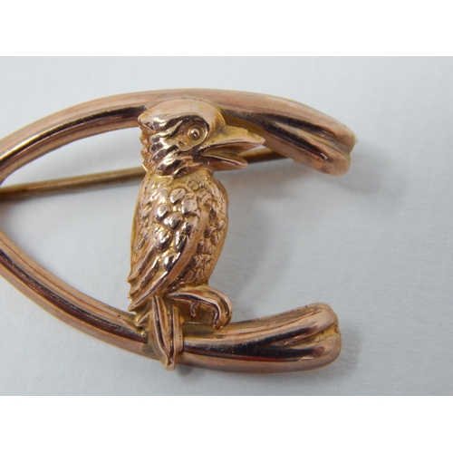 6 - 9ct Yellow Gold Brooch Formed as a Wishbone with Kookaburra.