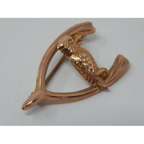 6 - 9ct Yellow Gold Brooch Formed as a Wishbone with Kookaburra.
