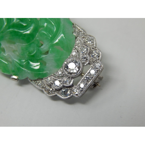 51 - Art Deco Diamond & Jade Brooch Mounted in Unmarked Platinum possibly by Cartier. The Oval Jade Panel... 