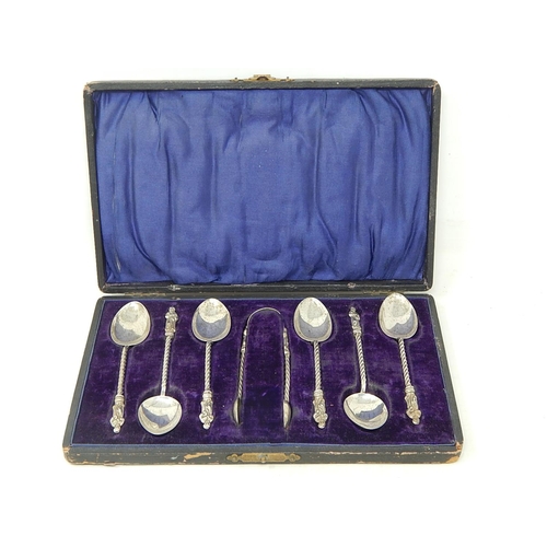 Victorian Set of 6 Apostle Spoons & Matching Sugar Tongs Hallmarked Birmingham 1900 in Fitted Case