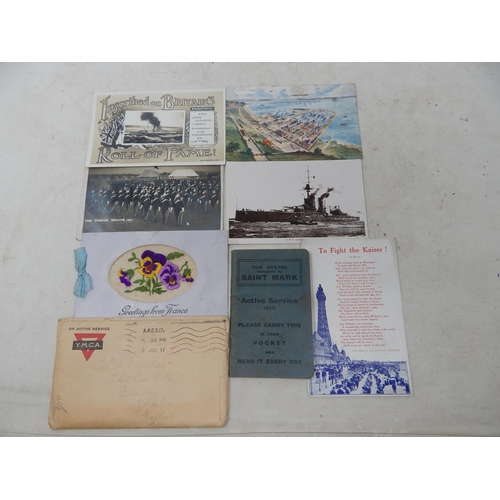 WWI Postcards, one with original envelope dated 1917 together with a religious active service booklet dated 1916.