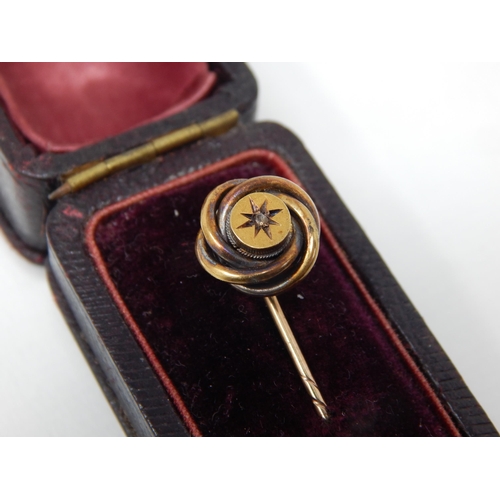 23H - Two Antique 9ct Yellow Gold Stick Pins, One Set with a Central Diamond in Fitted Case.