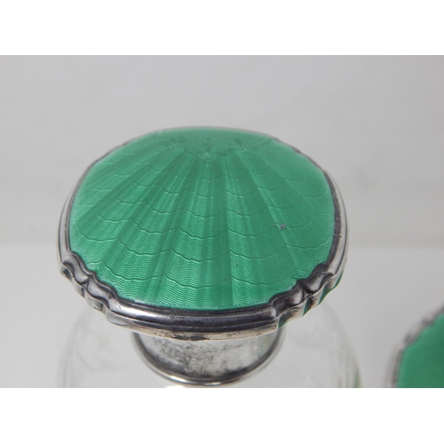 23O - Art Deco Silver & Green Guilloche Enamel Scent Bottle with Stopper 13.5cm high together with a Match... 