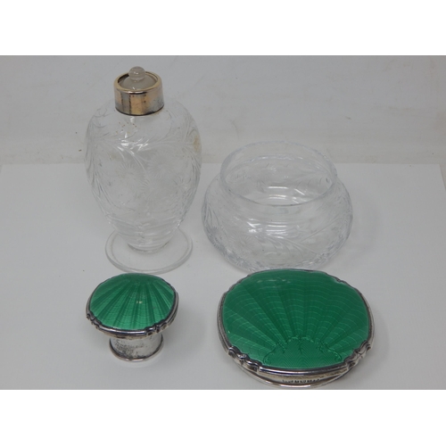 23O - Art Deco Silver & Green Guilloche Enamel Scent Bottle with Stopper 13.5cm high together with a Match... 
