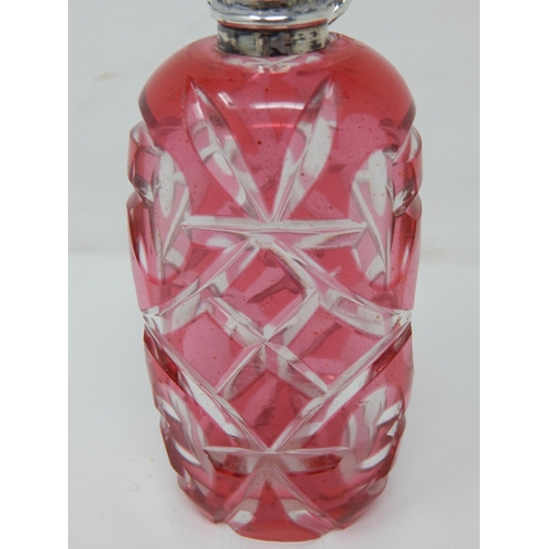 23P - Victorian Silver Topped Scent Bottle & Stopper with Cranberry Overlaid Cut Glass Body: Measuring 10c... 