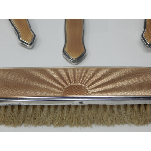 23T - Art Deco Silver Mounted 4 Piece Dressing Table Set Comprising Hand Mirror & Brushes: Hallmarked Birm... 