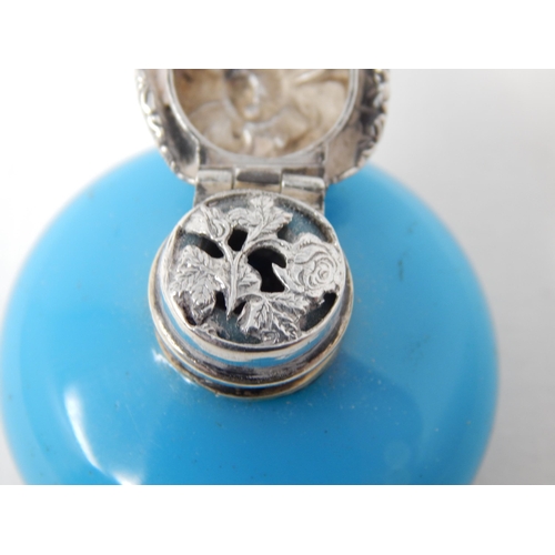 24B - 19th Century Continental Silver Mounted Vinaigrette with Sky Blue Turquoise Hardstone Body, Probably... 