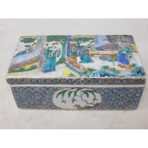 19th Century Chinese Rectangular Porcelain Lidded Box: The Lid Enamel Decorated Decorated with a Figural Scene. The Sides Enamel Decorated with Cartouches of Birds & Foliage. Measuring 19cm wide x 10cm deep x 7.5cm high