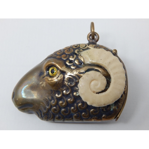 24M - 19th Century Plated Vesta Case Formed as a Rams Head with Glass Eyes & Ivory Horns.