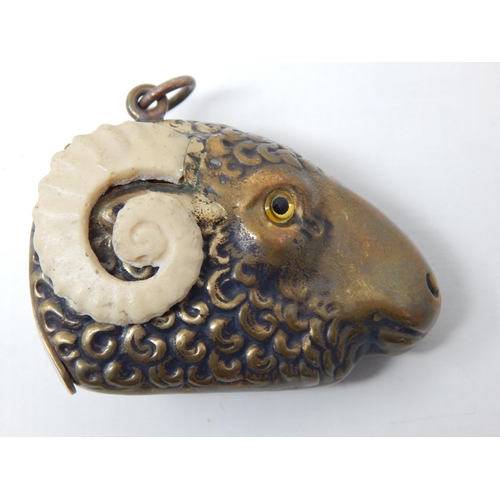 24M - 19th Century Plated Vesta Case Formed as a Rams Head with Glass Eyes & Ivory Horns.