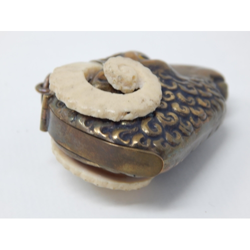 24M - 19th Century Plated Vesta Case Formed as a Rams Head with Glass Eyes & Ivory Horns.