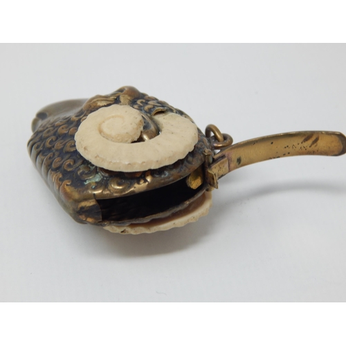 24M - 19th Century Plated Vesta Case Formed as a Rams Head with Glass Eyes & Ivory Horns.