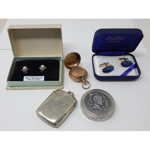 24N - Gold Plated Sovereign Holder: Silver & Marcasite Earrings: 22ct Gold Plated Shell Cufflinks: Plated ... 