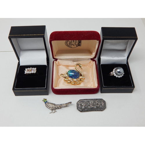 24O - Two Silver Gem Set Rings in Fitted Case together with an Australian Opal Set Brooch Formed as a Swan... 
