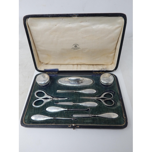 24Q - Antique Silver Mounted Ten Piece Manicure Set Comprising Rouge Pots, Buffer, Scissors etc in Origina... 