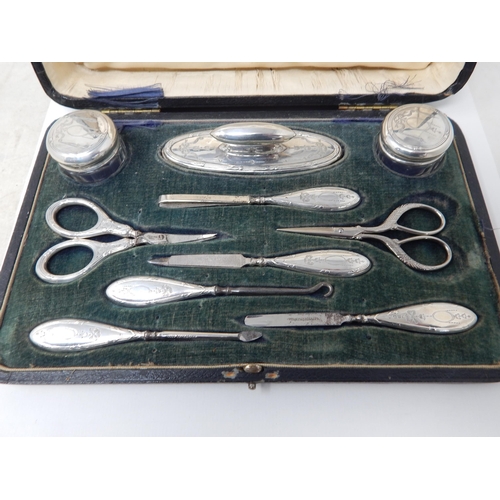 24Q - Antique Silver Mounted Ten Piece Manicure Set Comprising Rouge Pots, Buffer, Scissors etc in Origina... 