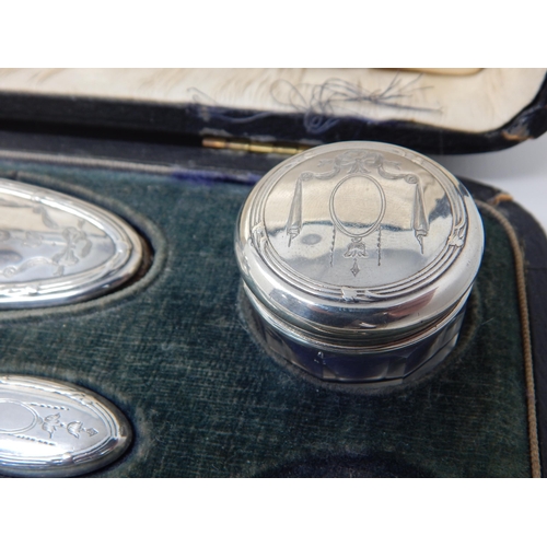 24Q - Antique Silver Mounted Ten Piece Manicure Set Comprising Rouge Pots, Buffer, Scissors etc in Origina... 